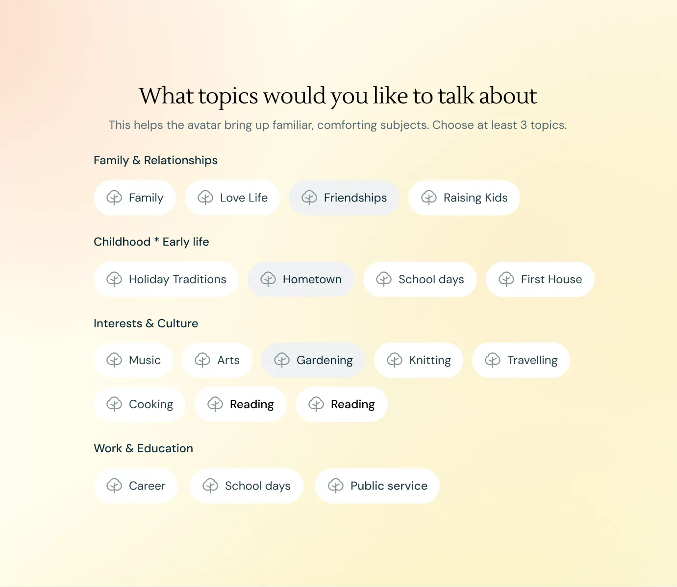 Your Avatar topic selection onboarding